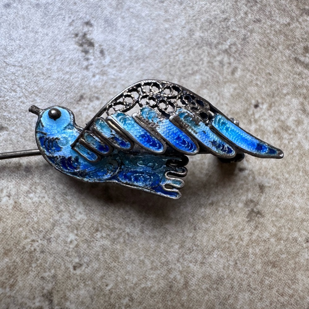 Antique 800 Silver Filigree Blue Enamel Bird Brooch